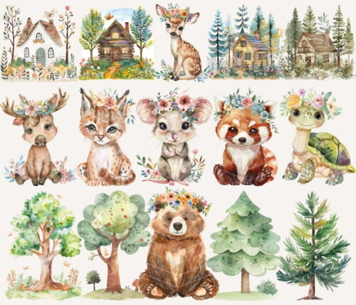 Kit Digital Bosque #24 Floral Aquarela - Spring Woodland
