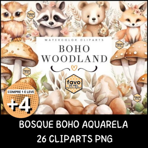Kit Digital Bosque #25 Floral Aquarela Boho Woodland