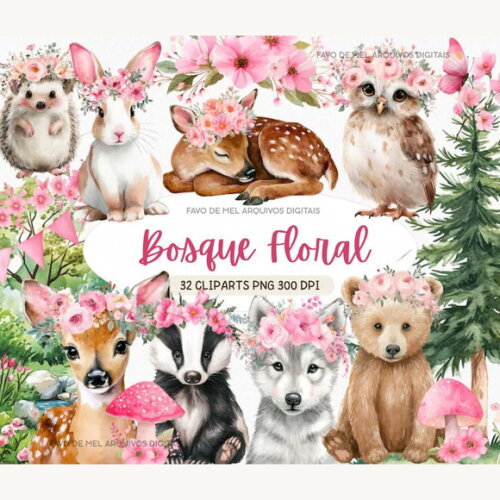 Kit Digital Bosque #32 Bosque Floral Aquarela Premium Png
