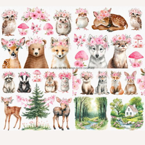 Kit Digital Bosque #32 Bosque Floral Aquarela Premium Png