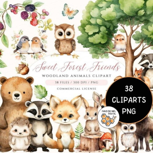 Kit Digital Bosque Aquarela #03 Premium Sweet Forest Friends
