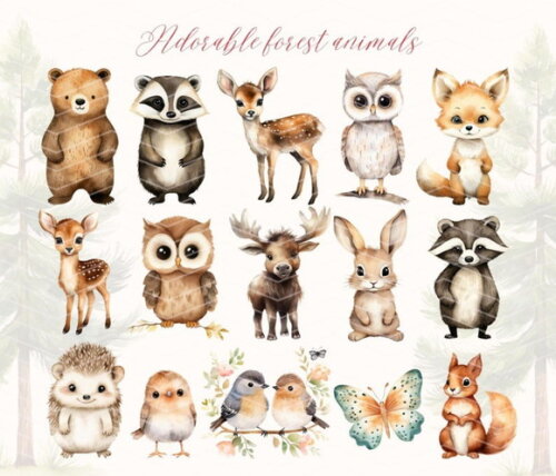 Kit Digital Bosque Aquarela #03 Premium Sweet Forest Friends