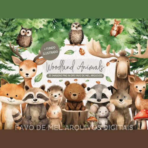 Kit Digital Bosque Aquarela #04 Woodland Animals (kd)
