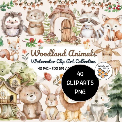 Kit Digital Bosque Aquarela #05 Woodland Animals Cc Premium
