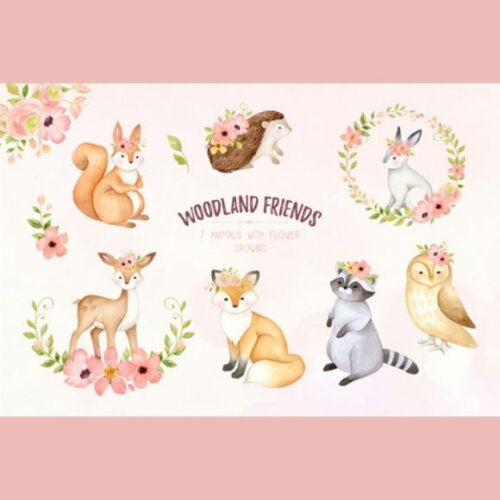 Kit Digital Bosque Aquarela #08 Woodland Friends