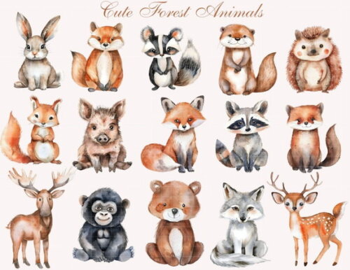 Kit Digital Bosque Aquarela #09 Forest Animals Premium