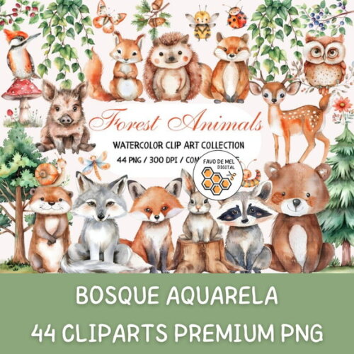 Kit Digital Bosque Aquarela #09 Forest Animals Premium