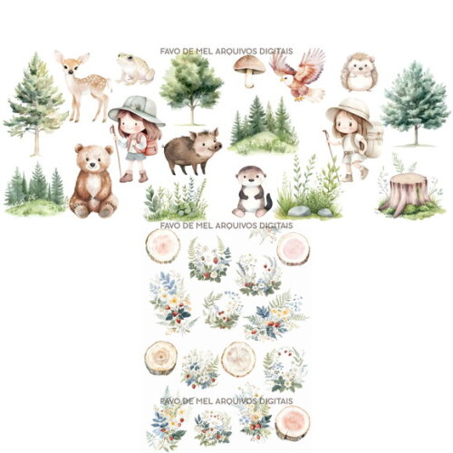 Kit Digital Bosque Aquarela #29 Cute Woodland Premium