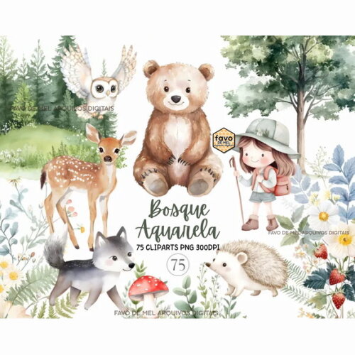 Kit Digital Bosque Aquarela #29 Cute Woodland Premium
