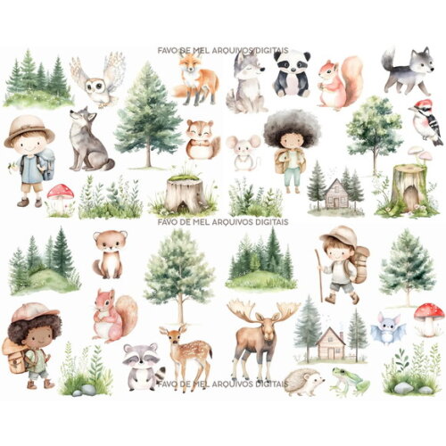 Kit Digital Bosque Aquarela #29 Cute Woodland Premium