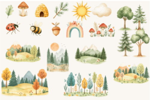 Kit Digital Bosque Aquarela #33 Png