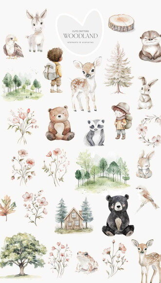 Kit Digital Bosque Aquarela #41 Png Premium