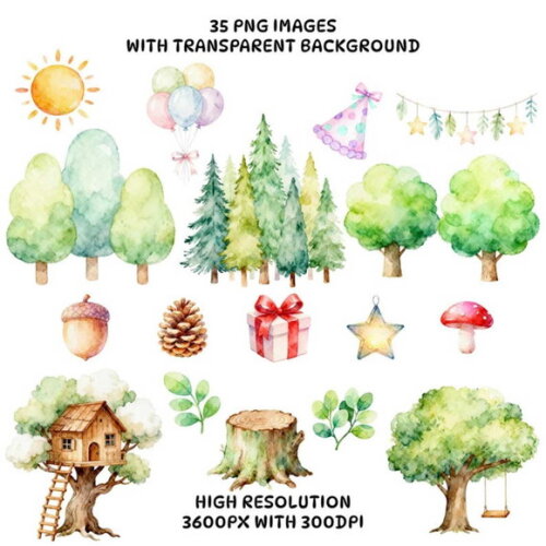 Kit Digital Bosque Aquarela #45 Png