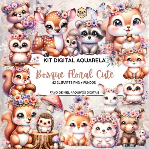 Kit Digital Bosque Floral Cute Aquarela Png com Fundos Jpg