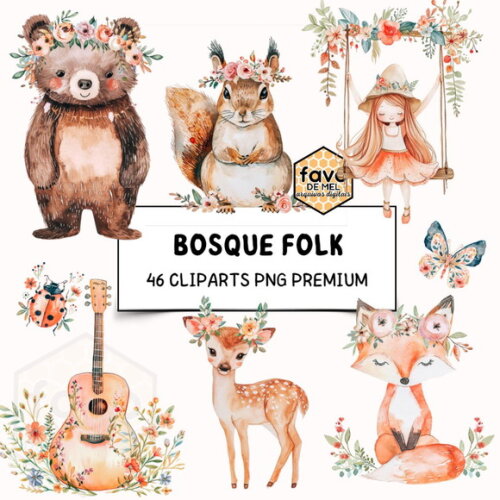 Kit Digital Bosque Floresta Folk Aquarela Premium (paa)