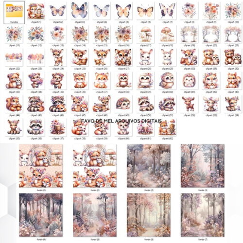 Kit Digital Bosque Floral Cute Aquarela Png com Fundos Jpg