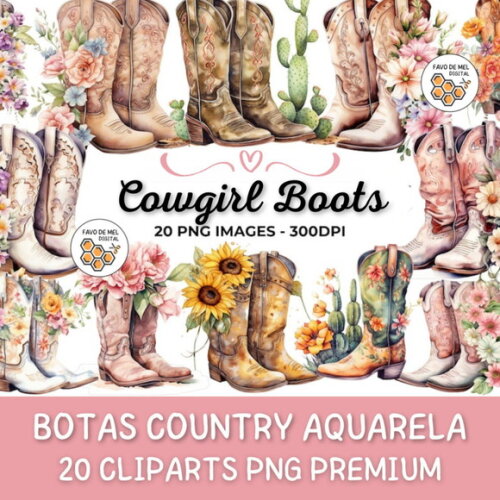 Kit Digital Botas Country Aquarela - Boiadeira Cowgirl