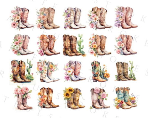 Kit Digital Botas Country Aquarela - Boiadeira Cowgirl