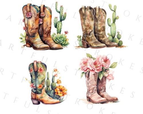 Kit Digital Botas Country Aquarela - Boiadeira Cowgirl