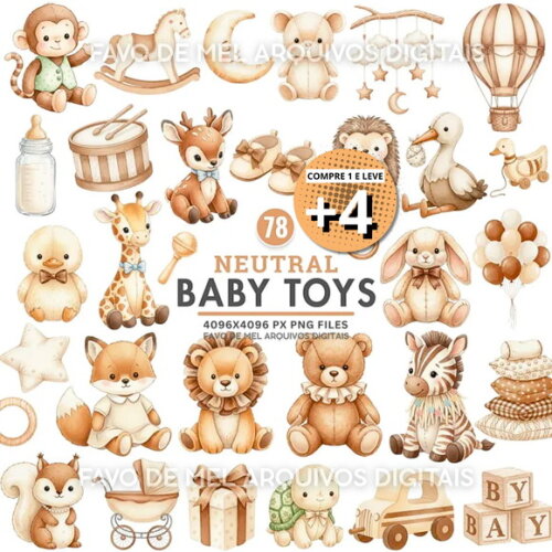 Kit Digital Brinquedos Aquarela - Quarto de Bebê Boho Neutro
