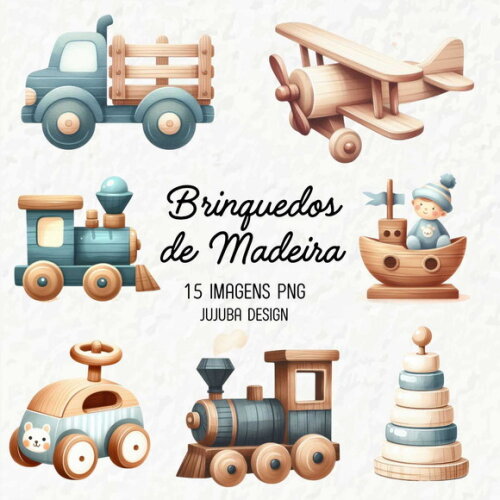 Kit Digital Brinquedos de Madeira Aquarela Png