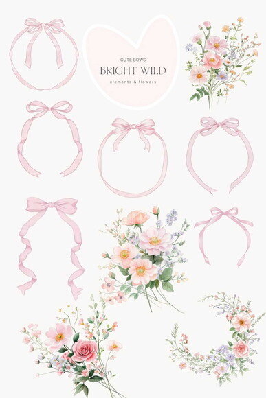 Kit Digital Buquê Floral com Laços e Molduras Png