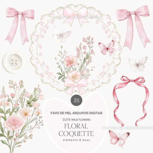 Kit Digital Buquê Floral Rosa com Laços e Molduras #2 Png