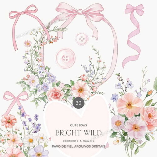 Kit Digital Buquê Floral com Laços e Molduras Png