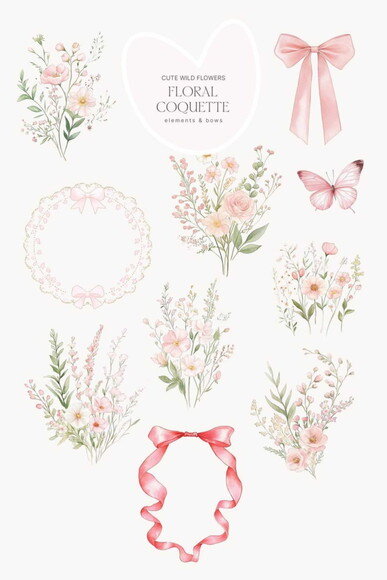Kit Digital Buquê Floral Rosa com Laços e Molduras #2 Png