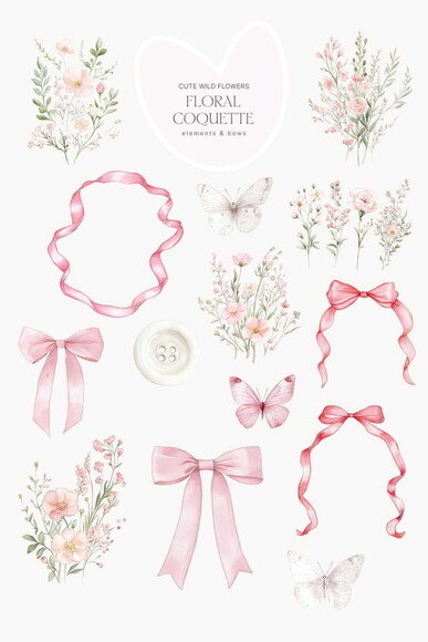 Kit Digital Buquê Floral Rosa com Laços e Molduras #2 Png