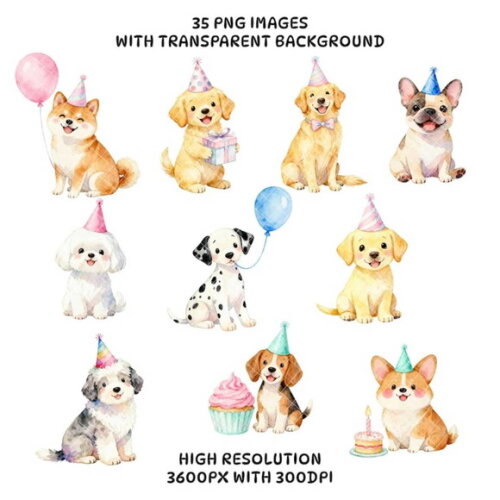 Kit Digital Cachorrinhos Aniversário Pet Png Aquarela