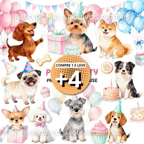 Kit Digital Cachorrinhos Aniversário Pet Png Aquarela