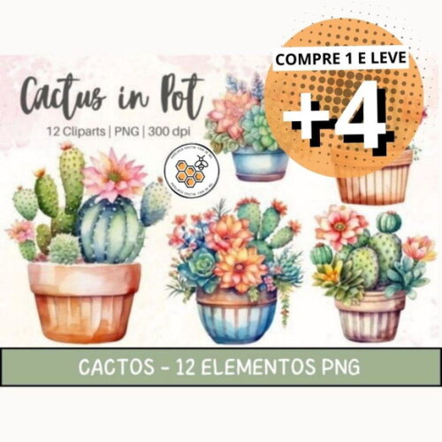 Kit Digital Cactos Aquarela - Cactus In Pot