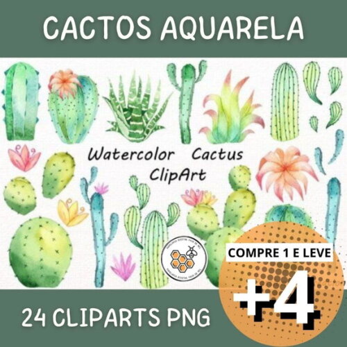 Kit Digital Cactos Aquarela - Watercolor Cactus Clipart