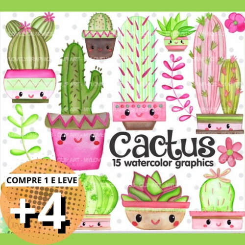 Kit Digital Cactos Aquarela - Cactus Watercolor
