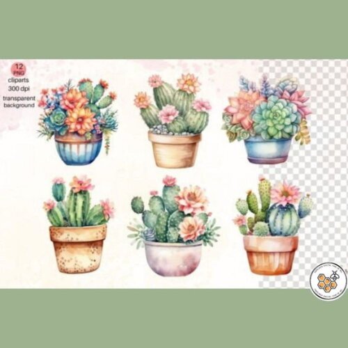 Kit Digital Cactos Aquarela - Cactus In Pot