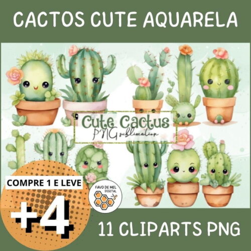 Kit Digital Cactos Cute Aquarela