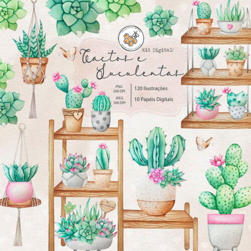 Kit Digital Cactos e Suculentas Aquarela Premium
