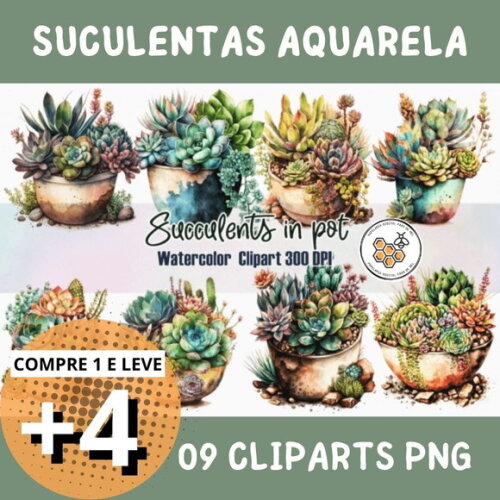 Kit Digital Cactos e Suculentas Aquarela - Succulents In Pot