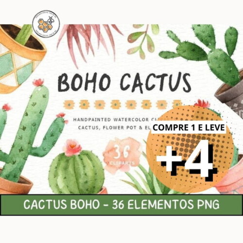 Kit Digital Cactos Boho Aquarela - Boho Cactus