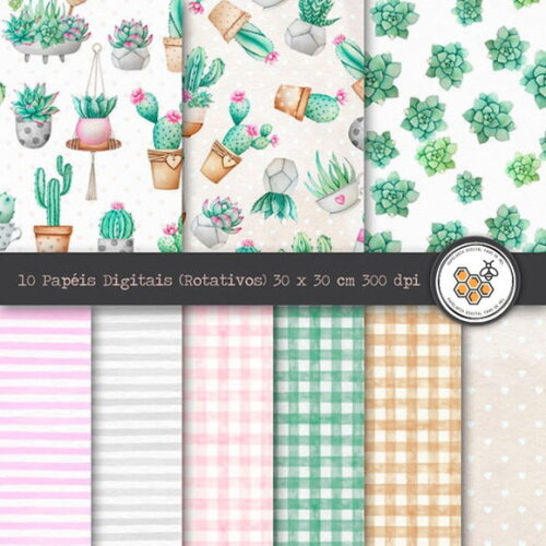 Kit Digital Cactos e Suculentas Aquarela Premium