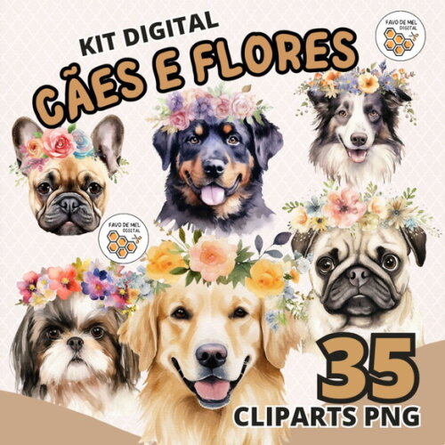 Kit Digital Cães e Flores Aquarela - Dog Breeds With Flower
