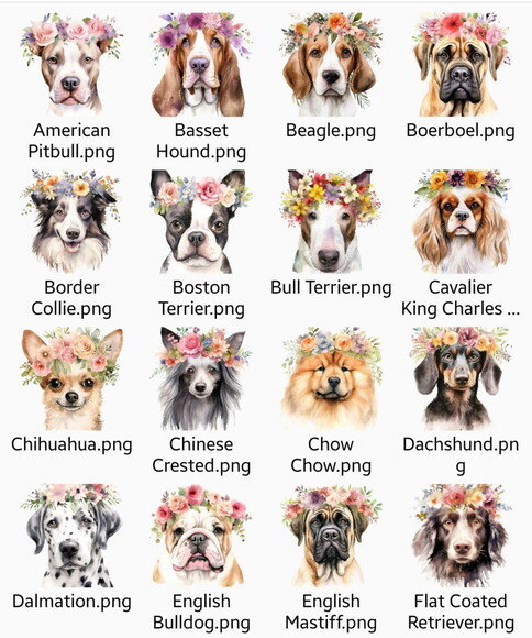 Kit Digital Cães e Flores Aquarela - Dog Breeds With Flower