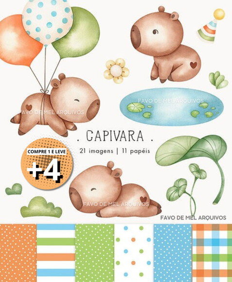 Kit Digital Capivara Aquarela Png Jpg (pague 1 Leve +4)