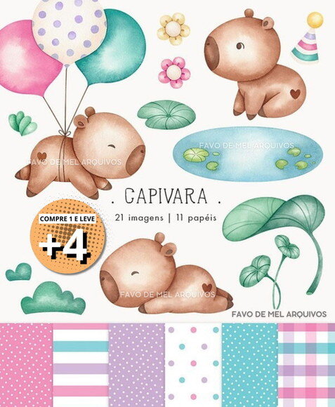 Kit Digital Capivara Candy Menina Aquarela Png Jpg