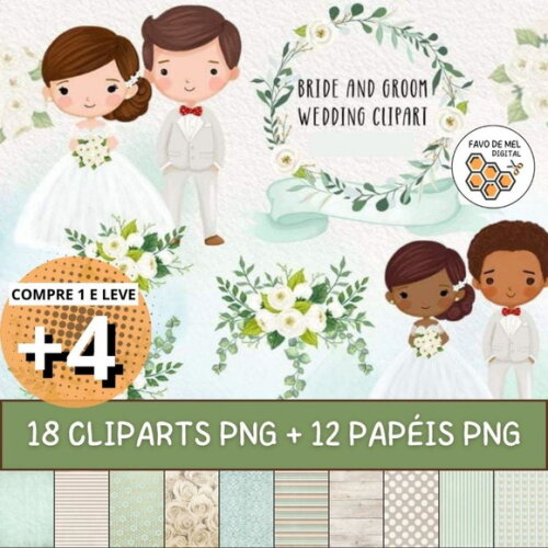 Kit Digital Casamento Noivinhos Aquarela - Bride & Groom