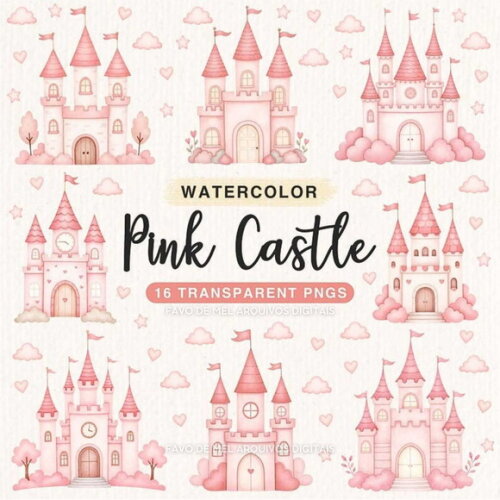 Kit Digital Castelo Rosa Aquarela Png Premium