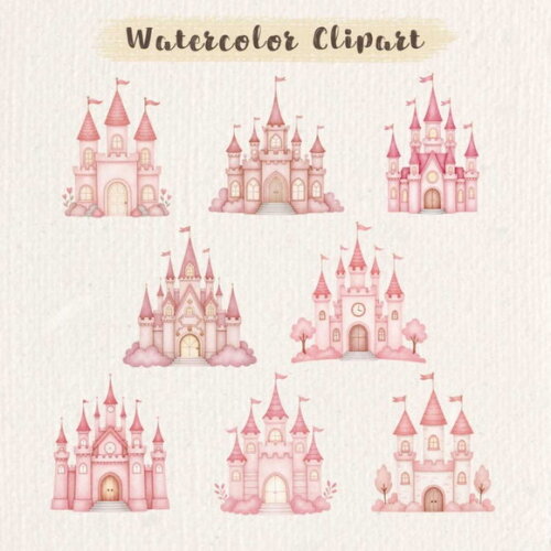 Kit Digital Castelo Rosa Aquarela Png Premium