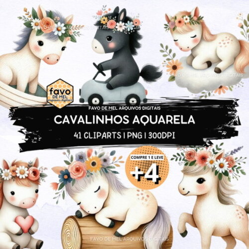 Kit Digital Cavalinhos Baby Cute Aquarela (pague 1 Leve +4)