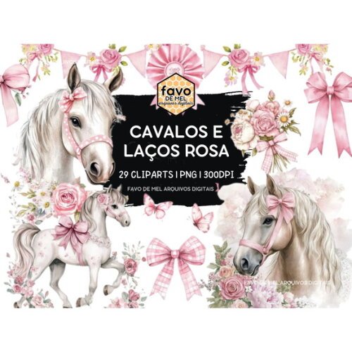 Kit Digital Cavalos e Laços Rosa Country Boiadeira Aquarela